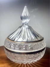 Crystal Clear Vintage Round Covered Candy Dish 24% Lead Crystal Gold Trim Etched picture