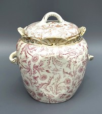 Antique Ott & Brewer Biscuit Jar with Lid, Gold Pink Dandelion Floral picture