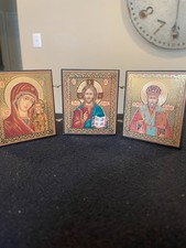 VNT. Eastern Orthodox Folding Travel Icon 3 Part Bless Mother/Jesus/St Nicholas picture