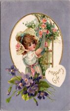VALENTINE'S DAY - Girl With Trellis Of Flowers Silk Covered Postcard picture