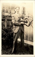 AMATEUR PHOTOGRAPHY Young Man w Kitty Cat Antique RPPC Real Photo Postcard picture