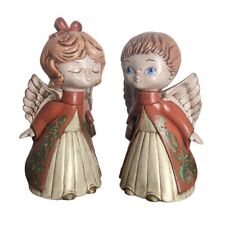 Christmas 7in Kissing Figurines Angels Hand painted Ceramic 1970's Girl Boy Pair picture