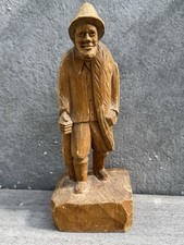 Vintage Collectible Wood Carving Old Fisherman Carrying Fish Handmade Figurine picture