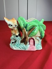 Vtg Inarco Japan Big Eyed Deer Fawn Ceramic Planter Palm Tree House 1950s Vase picture