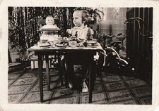 Vintage Photo 1940s Christmas Tea Party Composition Baby Doll Tricycle Tree USA picture