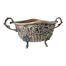 Vintage Floral Footed 2 handed Bowl Hammered Metal Rococo Revival Style picture