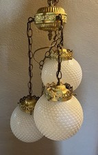 Vtg Mid Century 3 Tier Hobnail Milk Glass Hanging Swag Lamp Brass 8