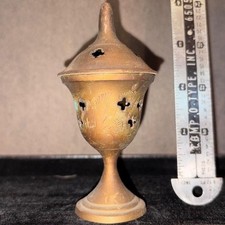Vintage Brass Incense Burner Vented Lid Etched Floral Chalice Cone Holder 4.5in picture