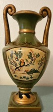 Vintage 14” Neoclassical Greek Urn Vase Hand Painted Birds Gold Scroll... picture