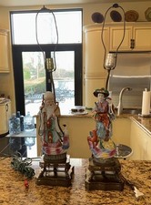 Vintage Chinese Famille Rose Enamel Porcelain Lady & Man Figurine Figure (Lamps) picture