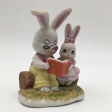Lefton Bunny Rabbit Grandpa Girl Reading on Log Korea Vintage picture