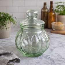 Vintage Green Tint Glass Apothecary Jar Canister with Lid 11” Tall Pumpkin Shape picture