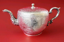 Antique Chinese Pewter Tea Pot Kettle WahLee Swatow Ornate Etching Dragon Bird picture