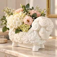 Vintage White Ceramic Sheep Planter Figural Flower Pot Cottage Regency Decor picture