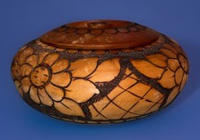Vintage Columbia Hand Carved Floral Design 9” Diameter Pyroengraved  Bowl w/Lid picture