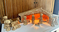 Vintage 1984 Ceramic Nativity Set 13 Pieces Lighted Stable Brown Glaze Christmas picture
