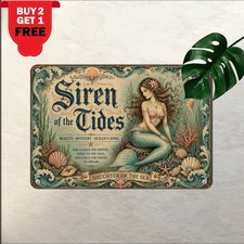 Mythical Mermaid Ocean Maiden Sign Coastal Beach House Art Metal Tin Plaque picture