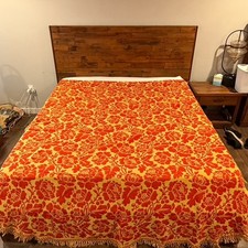 VTG 1960s FRINGED Floral Flower Tapestry Bedspread MCM Retro Boho King Blanket picture
