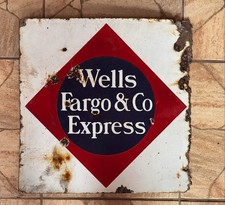 ANTIQUE 1930s VINTAGE DOUBLE SIDED PORCELAIN WELLS FARGO & CO EXPRESS SIGN picture
