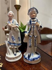 Vintage Colonial Couple Porcelain Figurines Blue White George Martha Style Pair picture