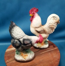Vintage Handpainted Ceramic Rooster & Chicken Porcelain Figurine Set Farmhouse picture