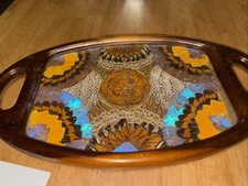 Vintage Brazilian Inlaid Morpho Butterfly Oval Wood Tray – HTF Shape – 19