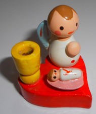 Vintage Tiny Wooden Angel Baby Heart Candle Holder Italy Handpainted 1 1/2