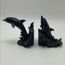 VTG 2000s Enesco Dolphin Bookends Dark Blue Waves picture