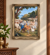 Vintage Krishna Balarama Framed Print Cowherd Pastoral Hindu Devotional Wall Art picture