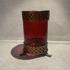 Vintage Bohemian Footed Ruby Red Diamond Cut w/Brass  Trim 7
