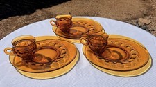 Set of 2 Vintage Indiana Glass Amber Kings Crown Thumbprint Snack Sets picture