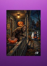 Bigfoot Halloween ACEO | Sasquatch Candy Thief Folk Art | Trick or Treat Card picture