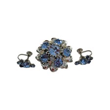 Beautiful Vintage Light Blue And Silver Tone Brooch And Screw Back Earrings  picture