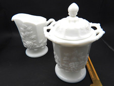 Vintage Westmoreland White Milk Glass Paneled Grape Creamer & Sugar Bowl W Lid picture