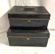 2 Antq Painted Black Tin  cash Bankers Boxes From The 1800's picture