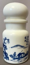 Milk Glass Apothecary Jar & Lid Made in Belgium Blue Decoration w/ Boat Oriental picture