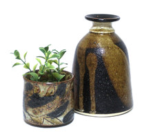 Artist Signed Pottery Vase & Planter Brown Black Drip Glaze Set 2 picture