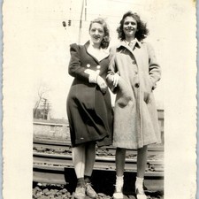 c1940s Cute Young Women Railroad Tracks Snapshot Photo Coats Friends Bee Mid Vtg picture