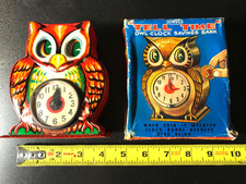 Vintage “TELL TIME” Owl Clock Savings Tin Bank Sonsco Japan w/BOX WORKS picture