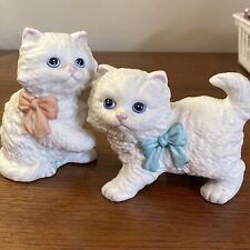 Vintage Homco Set of 2 White Persian Kittens Figurines Pink/Blue Bows Marked1428 picture