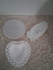 Vtg Lot (3) White Milk Glass Trinket Dish Lot Avon Hand Jewelery Knick Knacks picture