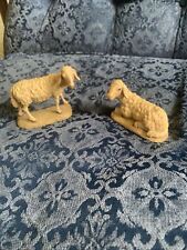PAIR SET ANRI  NATIVITY VINTAGE  WOOD CARVED STANDING SHEEP AND SITTING NICE picture