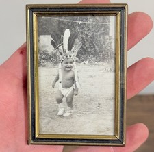 Vintage Framed Photo Smiling Baby Toddler Feather Headdress Black & White picture