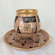 Vintage Brena Oaxaca Mexico Gold Tan Black Pottery Geometric Vase And Plate Set picture