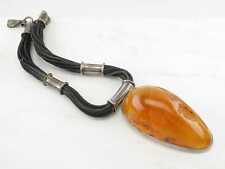 Vintage Enormous Baltic Amber Duo Tone Leather Cord Sterling Silver Necklace picture