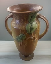 Roseville Pottery Fuchsia Double Handled Urn Vase Brown Green Pink Repair picture