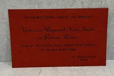 Vintage Elizabeth General Hospital NJ No Smoking In Rooms Card Ephemera picture