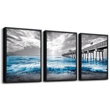 DZRWUBHS 3 Piece Canvas Wall Art Black Framed Blue Ocean Sea Wave Home Decor picture