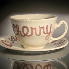 Vtg Set Wood & Sons Red Fruit Cup + Saucer  England Cherry Pear Apple Raspberry picture