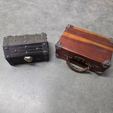 Jewelry Box (Japan) & Mini Trunk Black Brown Wood Vintage Pirate Cedar Set picture